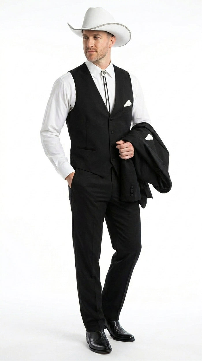 Men’s Black Western Wedding Suit with Vest and Pants, Cowboy Tuxedo Formal Dress Suit