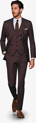 Mens 2 Button Vested 3 Piece Gangster Bold Pinstripe Suit in Burgundy
