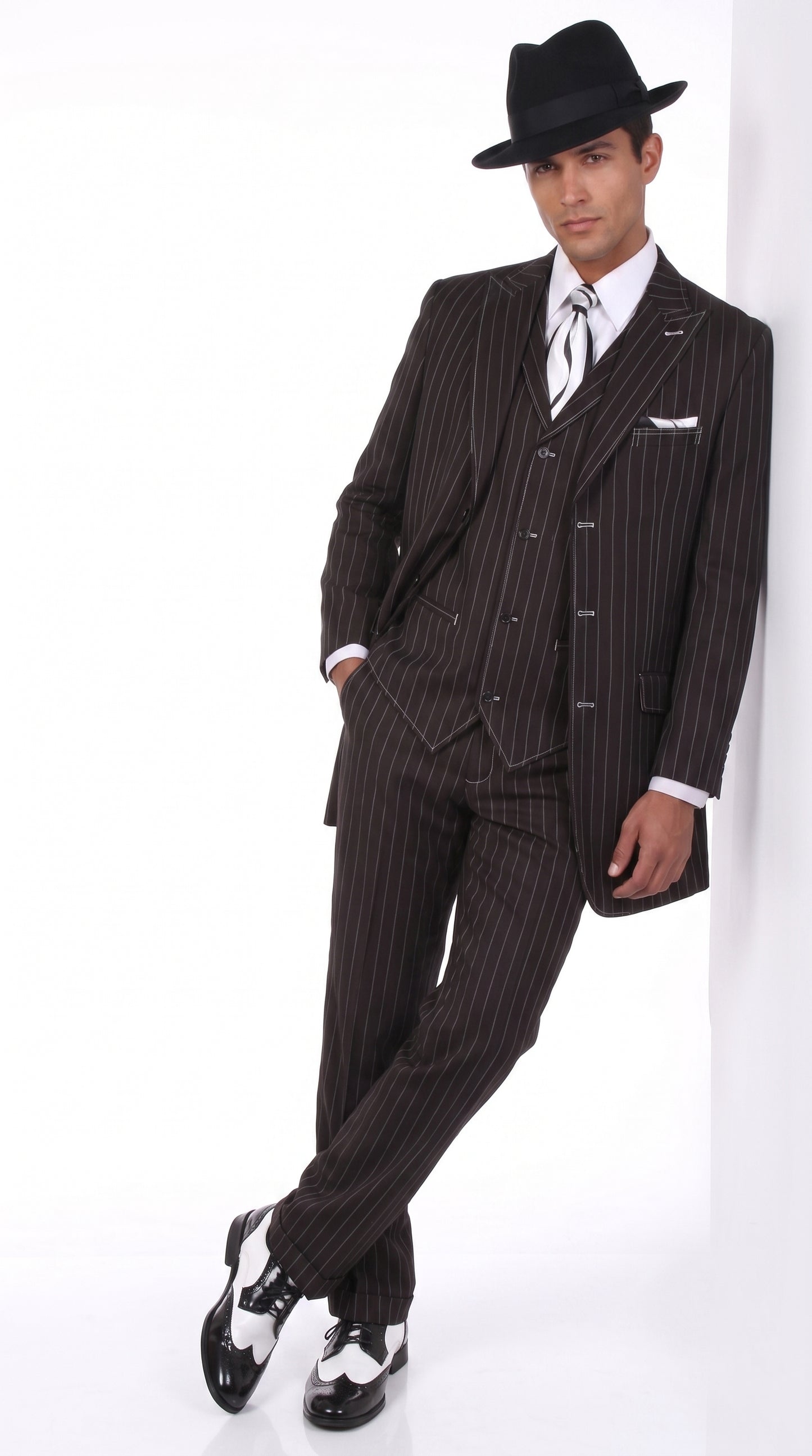 Men’s Black Pinstripe Zoot Suit – 3-Piece Gangster, Formal Suit 1920s Pimp Suit