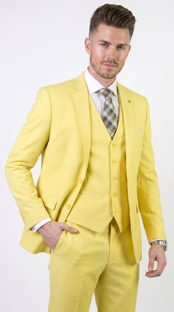 Men’s Neon Yellow Wool Suit – Bright Yellow 3-Piece Wedding, Prom & Formal Suit with Vest By Statement