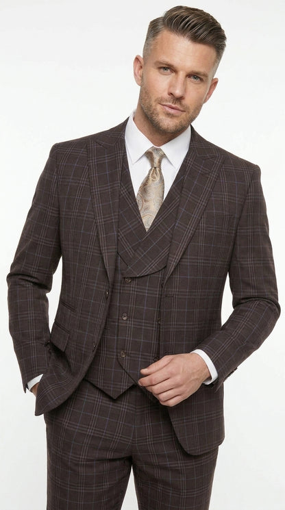 Men’s Vitali 3PC Suit – Choclate Brown and blue Plaid Check 3-Piece Suit with Double-Breasted Vest Modern Fit Side Vented