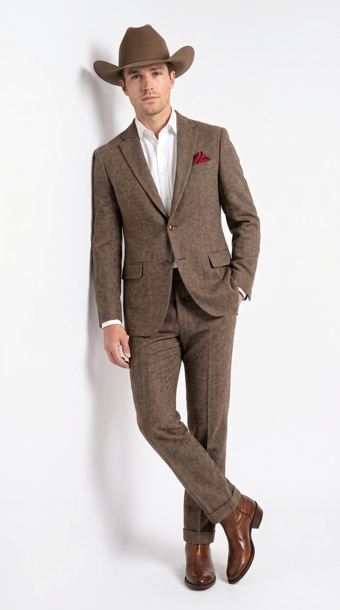 Men’s Brown Herringbone Tweed Groom Suit – Country Wedding & Rustic Wedding Suit