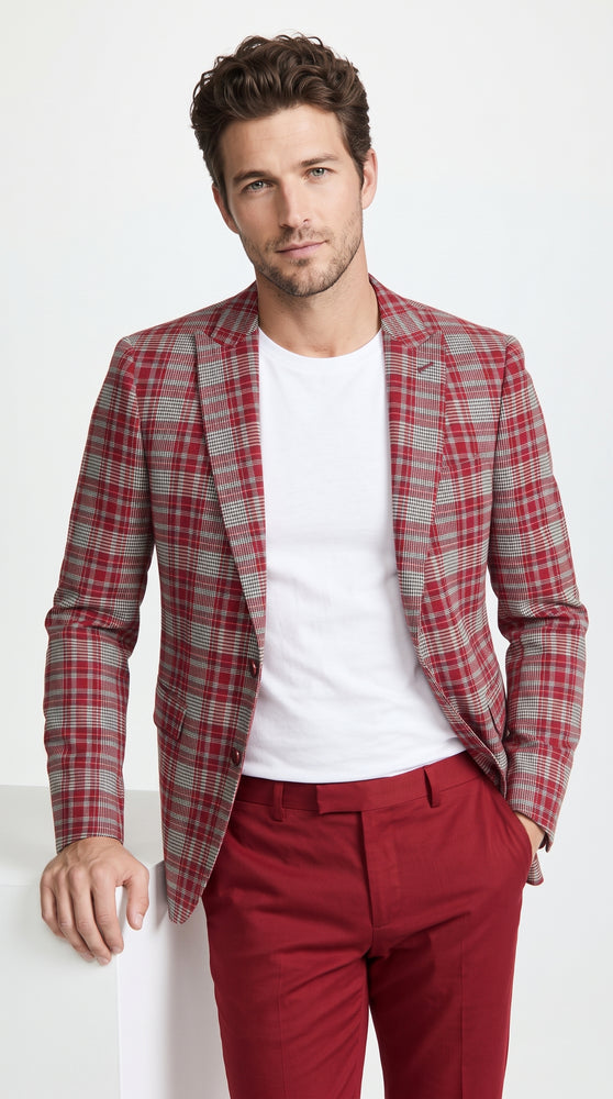 Men's Red Tartan Plaid Blazer Checkered Sport Coat Holiday New Year Gray Windowpane