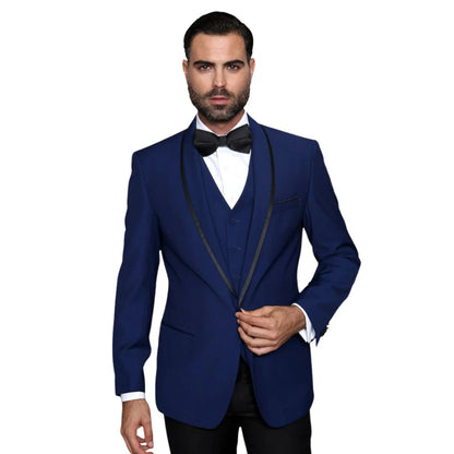 3-Piece Tailored Fit Wool Suit with Bow Tie and Flat Front Pants - Navy