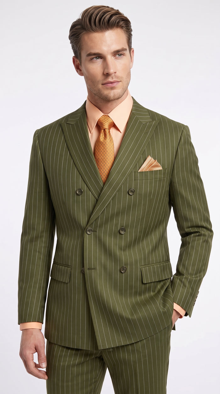 Men’s Olive Green Pinstripe Double-Breasted Suit – Classic Wedding, Business and Formal Suit