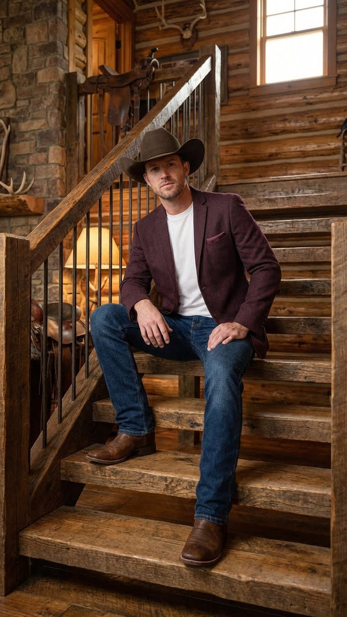 Men’s Burgundy Western  Blazer Jacket, Textured Cowboy Style Sport Coat for  - Tweed Herringbone Maroon Colo
