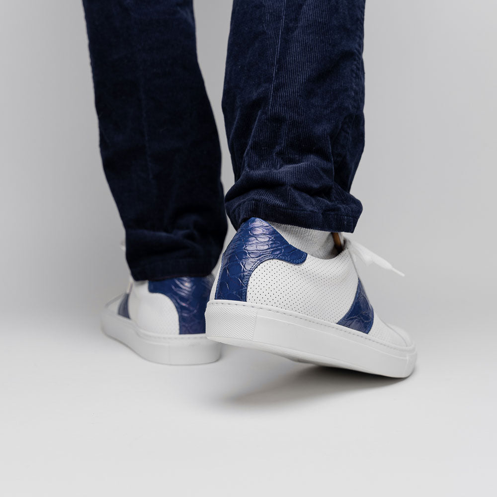 Zelli Olympias Crocodile-Trimmed Calfskin Sneakers in White and Navy