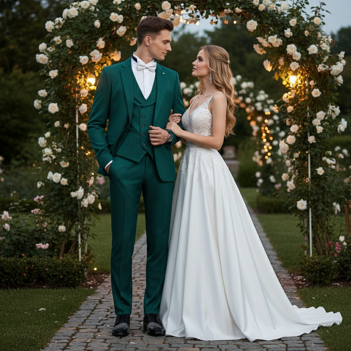 Mens Emerald Green Textured 3-Piece Suit  Polk Dot Pattern Formal Wedding, Prom, and Evening Wear Outfit