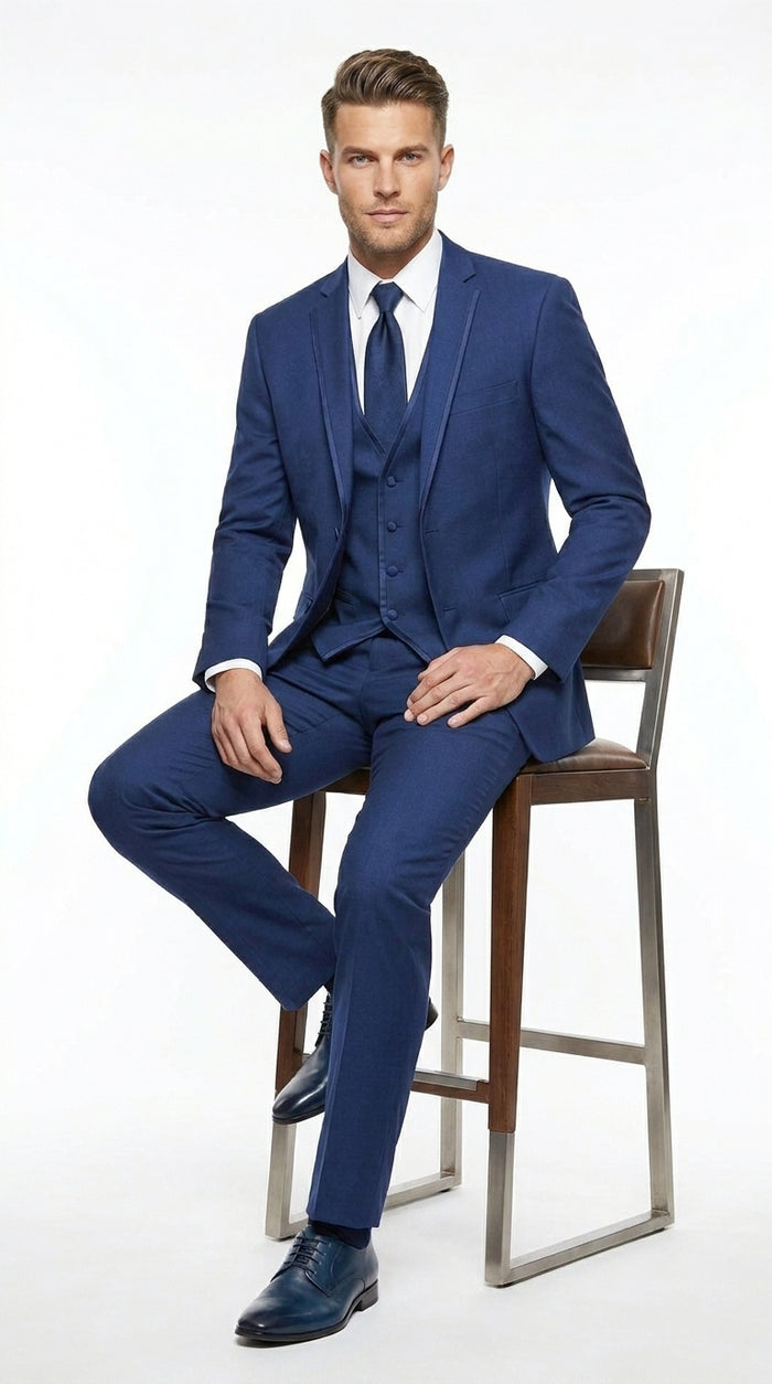 Men’s Blue 3 Piece Vested Tuxedo with 2 Button Jacket, Satin Trim and Matching Pants