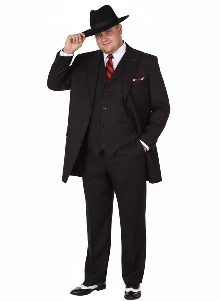 Mens Black and Red Pinstripe Zoot Suit - 1920s Gangster Vintage 3-Piece Suit for Formal, Prom, and Themed Events
