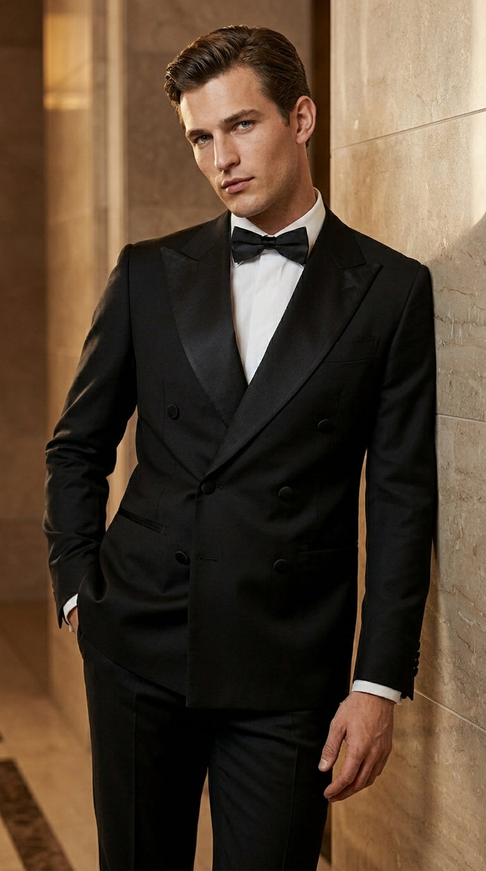 Men’s Black Double Breasted Tuxedo Jacket with Satin Peak Lapel, Formal Wedding Dinner Blazer