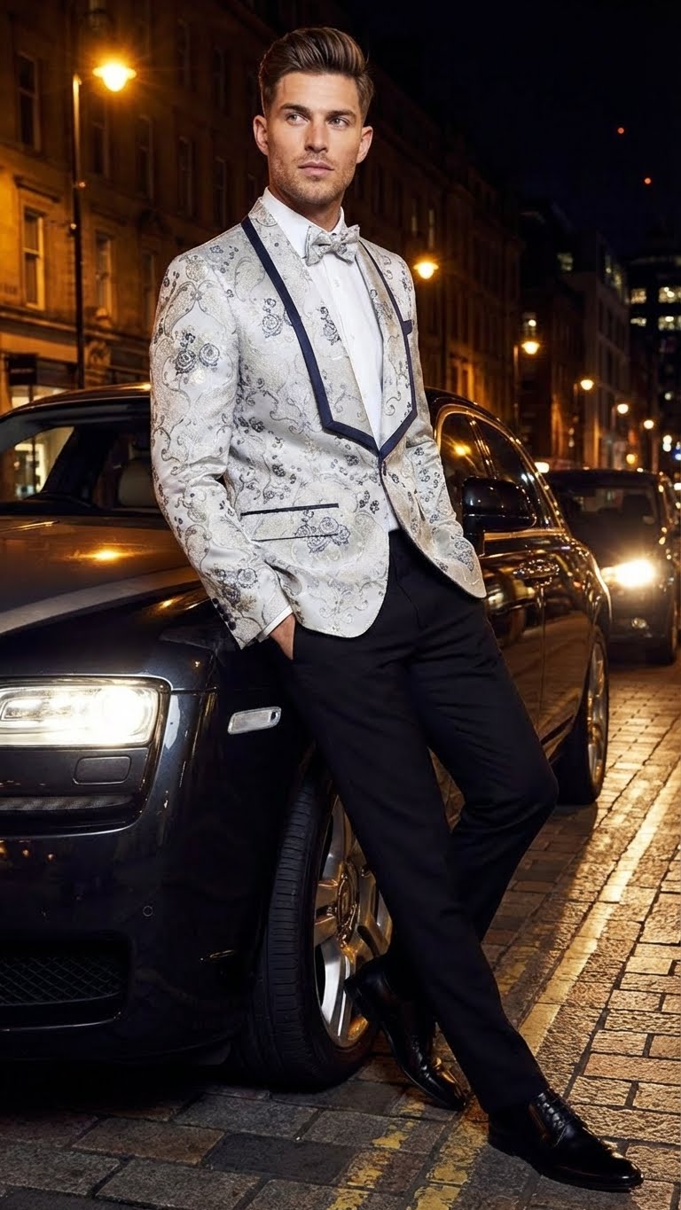 Mens White and Navy Blue Lapel  Floral Jacquard Blazer with Contrast Shawl Lapel  Luxury Wedding and Party Wear Jacket paisley Tuxedo Navy Pants