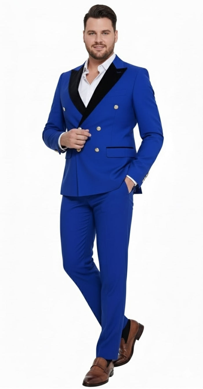 Mens Royal Blue Double-Breasted Tuxedo Suit  Modern Slim Fit Formal Wedding and Prom Outfit with Black Satin Lapel