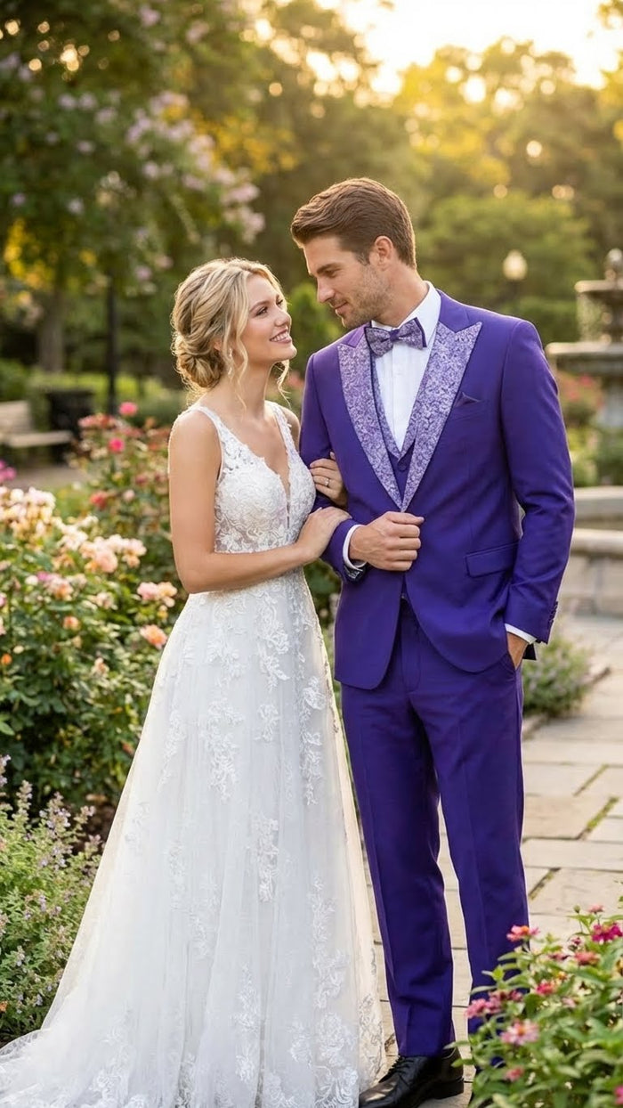 Mens Purple and white sivler lapel  Embellished Tuxedo Suit   Formal Wedding, Prom, and Gala Outfit Mardi Gras