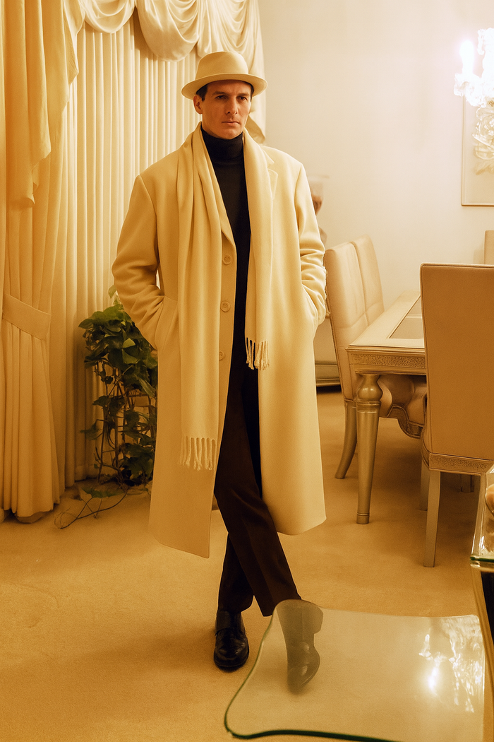 Mens Long Cream Overcoat Wool Fabric in Ivory Off White Color Full length