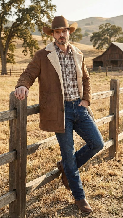 Men’s Brown Western Faux Suede Blazer Coat – Cowboy Style Long Jacket for Wedding, Party and Special Events