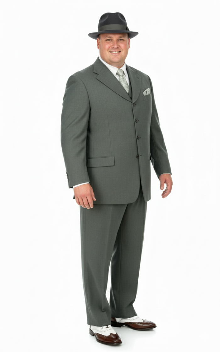 Mens 1920s Gray Zoot Suit   4 Buttons  Gangster Wide Lapel Long Jacket 3-Piece Suit in Grey Color Classic Fit Pleated Pants