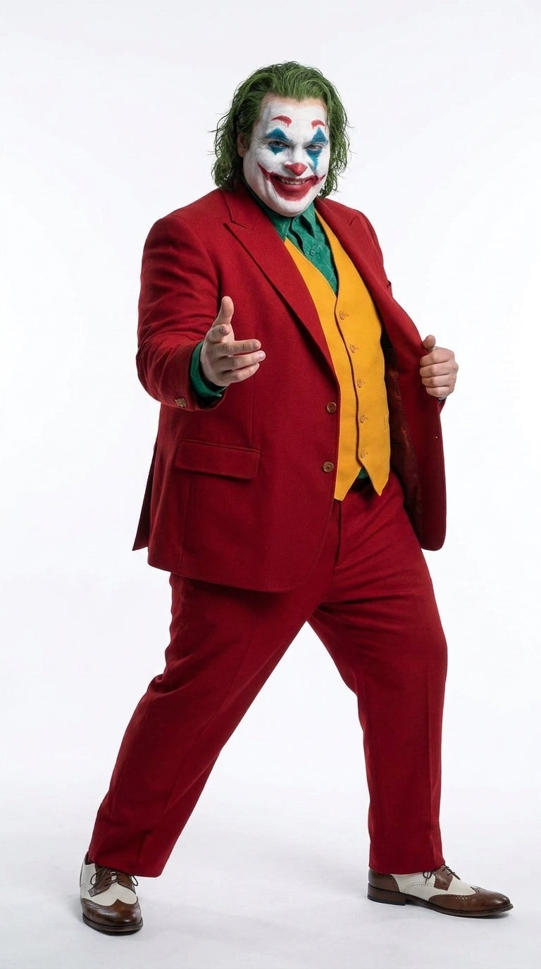 Men's Joker 2019 Red 3-Piece Suit – Joaquin Phoenix Movie-Inspired Costume with Orange Vest & Green Shirt & Tie Package
