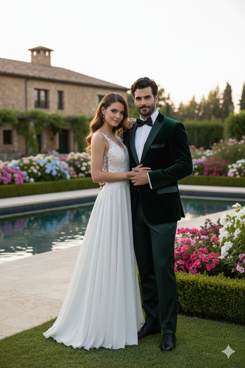 Mens Dark Green Velvet Tuxedo Dinner Jacket  Slim Fit Formal Blazer with Satin Peak Lapel Lape