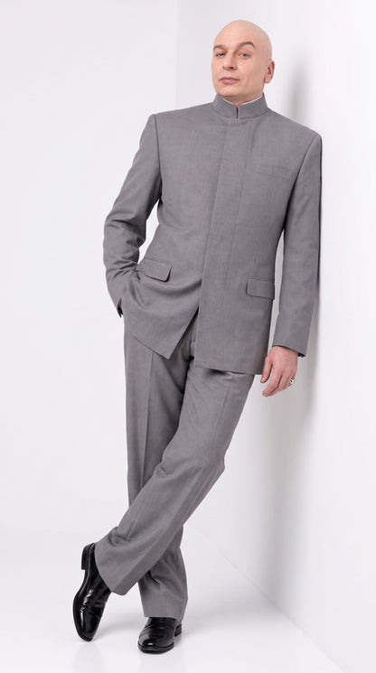 Men's Light Gray Austin Powers Dr. Evil Inspired Suit – Mandarin Collar 2 Piece Costume Suit for Halloween, Cosplay & Themed Parties