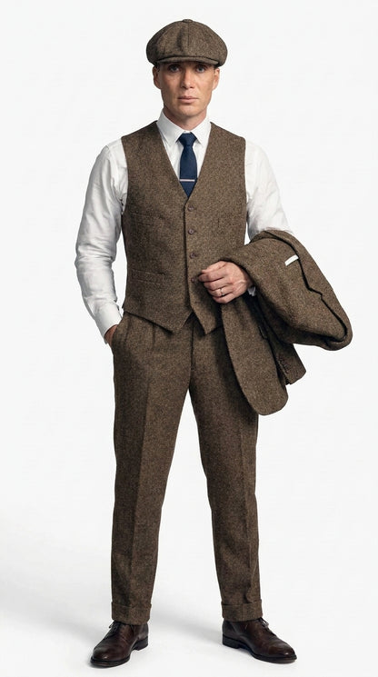 Men's Thomas Shelby Brown Herringbone 3-Piece Suit – Peaky Blinders 1920s Vintage-Style Suit with Matching Vest & Trousers