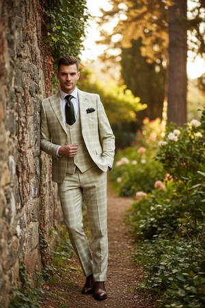 Mens Light Beige Check 3-Piece Suit Set  Premium Tailored Fit Formal Wedding and Spring Event Suit Light Tan Sand Color By Rossiman