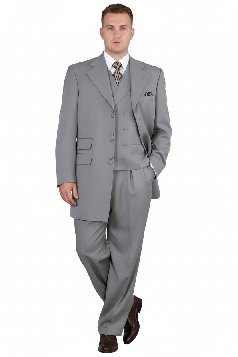 Mens Zoot Suit - Light Gray 3-Piece Suit with Vest  Classic Business and Wedding Formal Wear - 1920s Fashion
