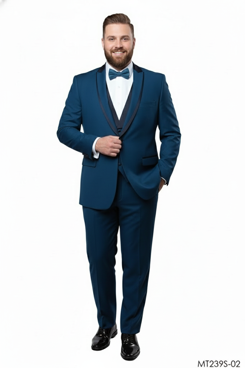 Mens Teal Blue Tuxedo  3-Piece Formal Suit with Satin Shawl Lapel, Vest, and Pants in Saphire Cobalt Blue Color