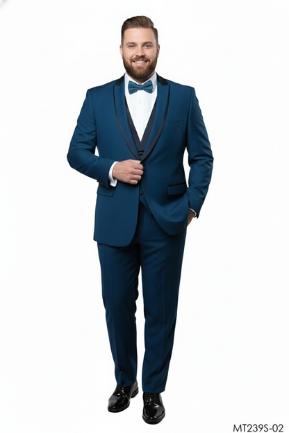 Mens Teal Blue Tuxedo  3-Piece Formal Suit with Satin Shawl Lapel, Vest, and Pants in Saphire Cobalt Blue Color