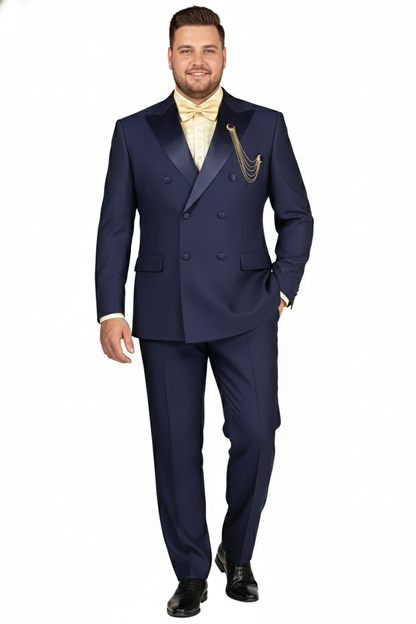 Mens Navy Blue Double-Breasted Tuxedo with navy Satin Peak Lapel Wedding Suit