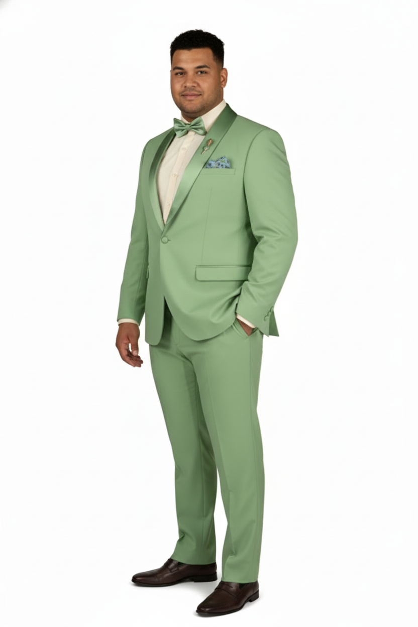 Mens Mint Green Tuxedo  2-Piece Formal Suit with Satin Shawl Lapel and Matching Bow Tie in  Sage Green