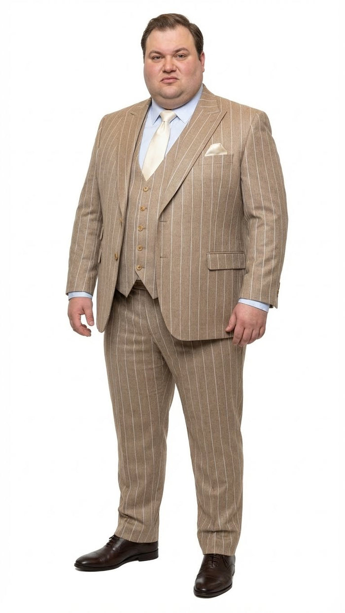 Men's Beige Pinstripe Three-Piece Vested Suit  Tailored Fit  Business Attire in Tan Stripe by Rossiman
