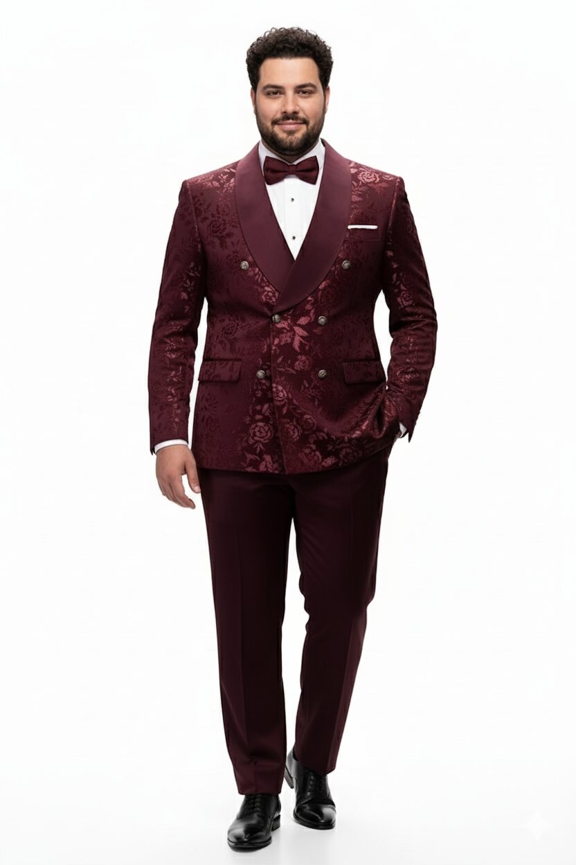 Men’s Burgundy Floral Jacquard Tuxedo Dinner Jacket – Paisley Velvet Lapel Formal Wear for Weddings and Prom