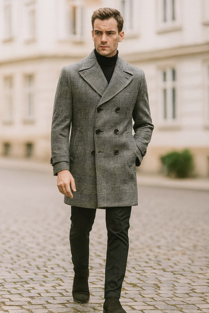 Mens Grey Plaid Double-Breasted Overcoat with Black Faux Fur Collar  Classic Winter Peacoat