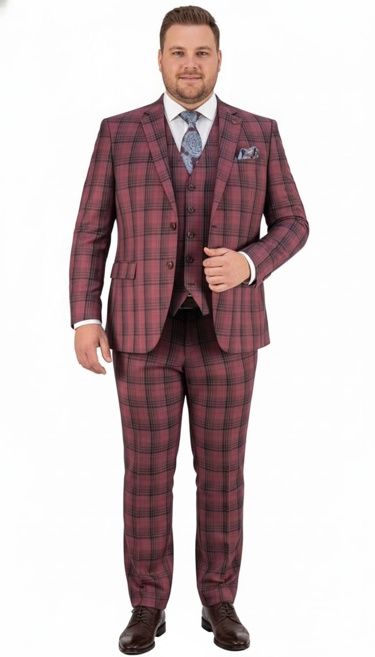 Mens Red Burgundy Plaid 3-Piece Suit  Classic Checkered Modern Fit Suit for Weddings, Church and Formal Events