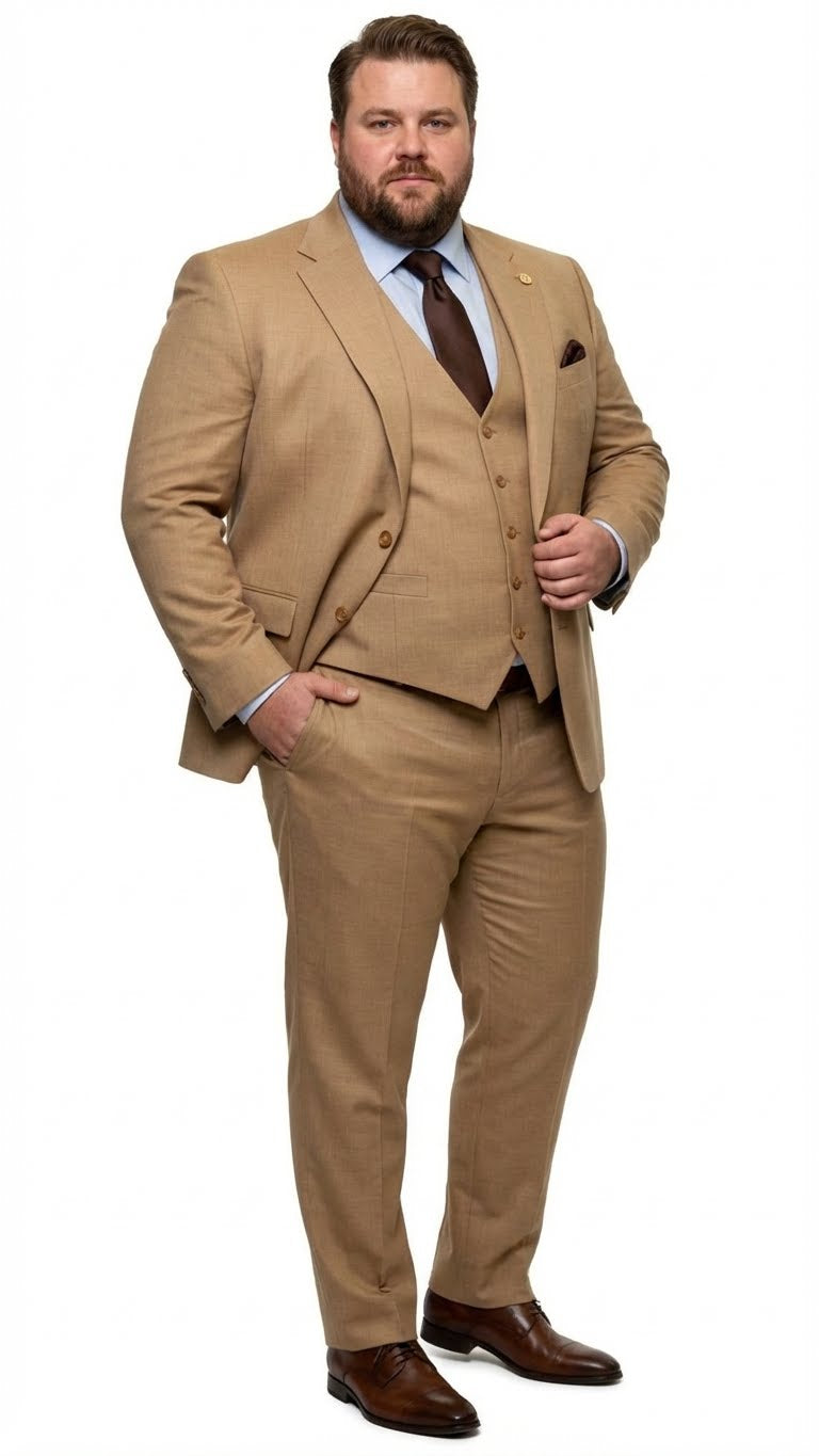 Men's Tan Three-Piece Suit with Vest  Classic Tailored Fit  in camel khaki Bronze color By Rossiman