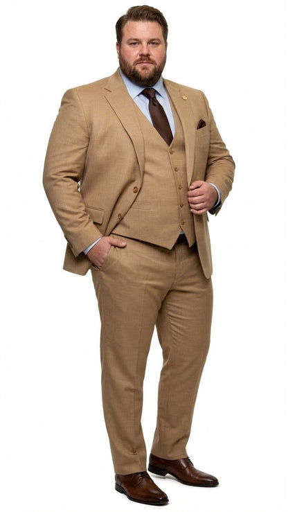 Men's Tan Three-Piece Suit with Vest  Classic Tailored Fit  in camel khaki Bronze color By Rossiman