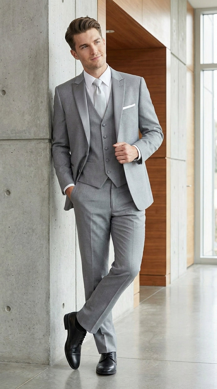Men’s Light Grey Vested Tuxedo with One Button Jacket, Peak Lapel and Matching Pants