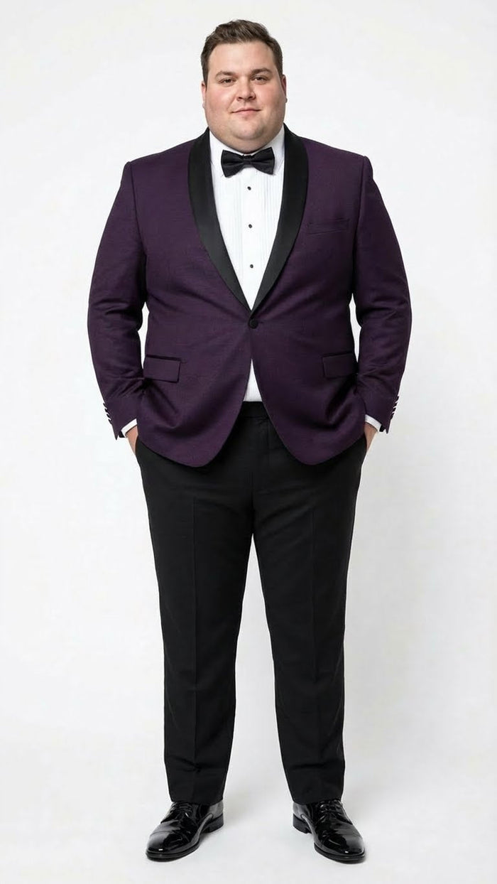Men's Eggplant Plum Purple Tuxedo Blazer with Satin Lapel, White Tuxedo Shirt and Matching Purple Bow Tie - Slim Fitted - Prom wedding Suit With Pants