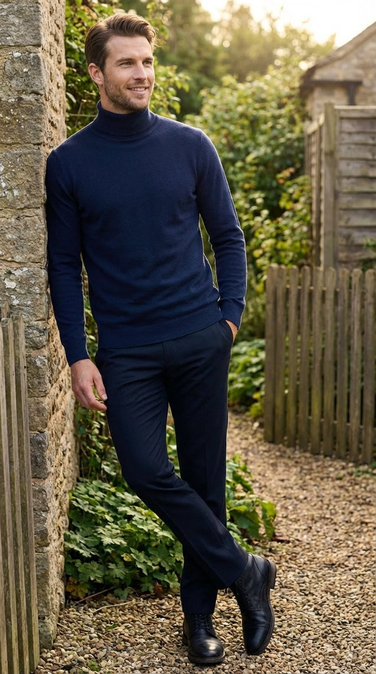 Men’s Navy Blue Turtleneck Sweater Pullover | Cotton Blend Long Sleeve Knit Top for Casual & Smart Wear
