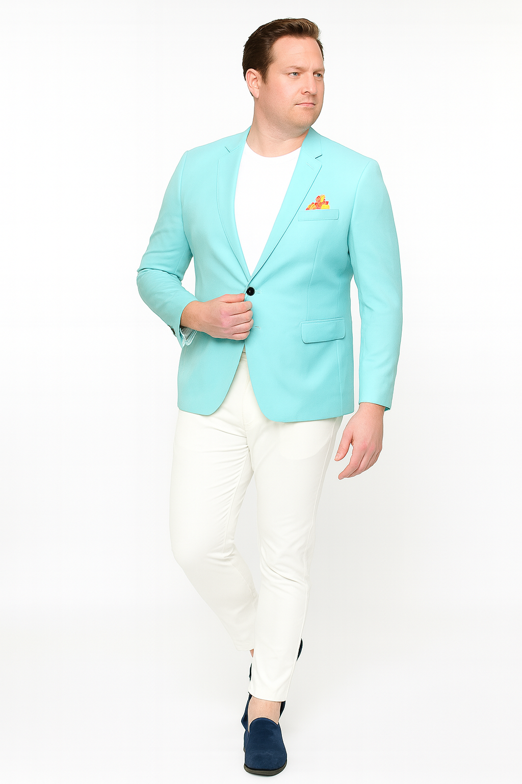 Men's Aqua Blazer - Slim Fit One Button Suit Jacket with Stylish Floral Inner Lining - Light Turquoise