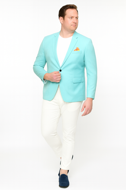 Men's Aqua Blazer - Slim Fit One Button Suit Jacket with Stylish Floral Inner Lining - Light Turquoise
