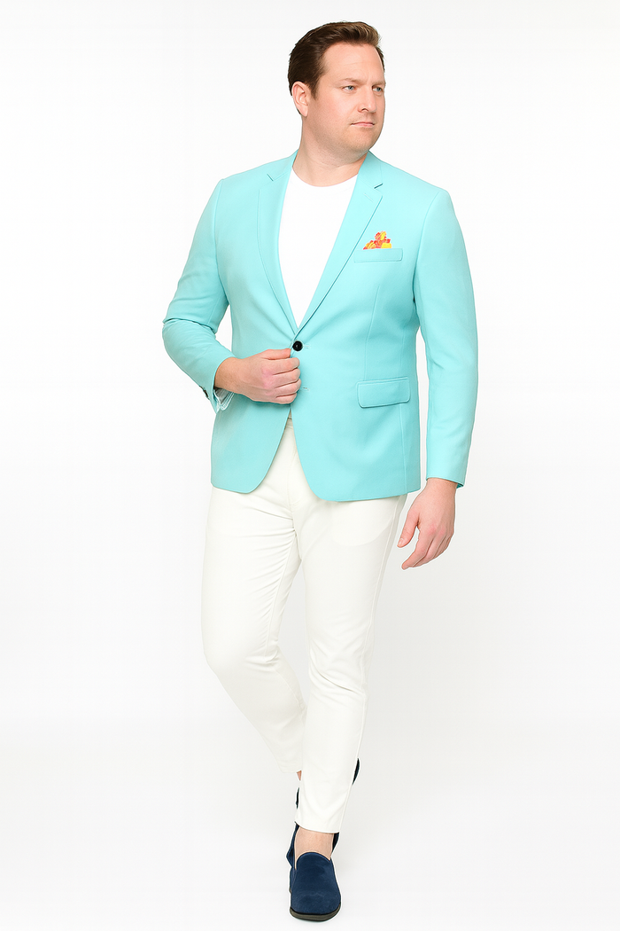 Men's Aqua Blazer - Slim Fit One Button Suit Jacket with Stylish Floral Inner Lining - Light Turquoise