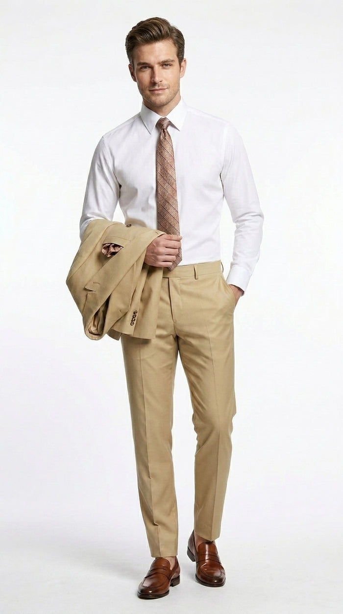 Mens Designer Modern Fit Double Breasted Designer Camel Gold Buttons Suit