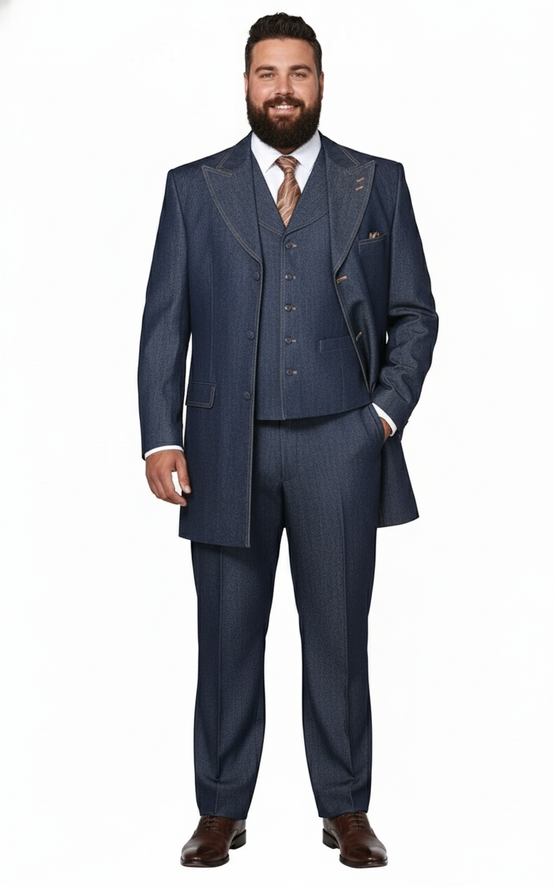 Mens Cotton Denim Three-Piece Suit  Modern Blazer Denim Suit with Vest and Trousers Pleated Pants Classic Fit