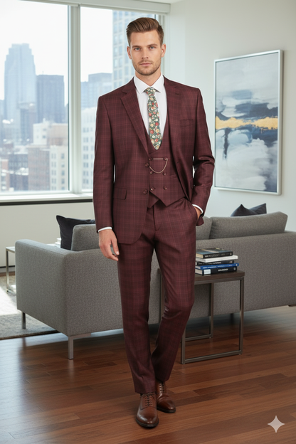 Mens Burgundy Checkered 3-Piece Suit  Windowpane Classic Fit Plaid Blazer with Vest and Pants