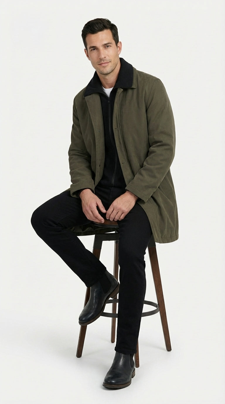 Mens Olive Brown Trench Coat Raincoat – Classic Water Resistant Long Coat with Zip and Button Closure for Business, Travel and Everyday Outerwear