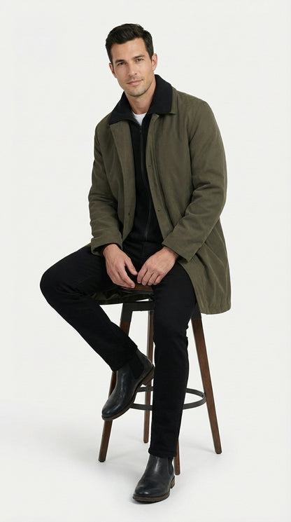 Mens Olive Brown Trench Coat Raincoat – Classic Water Resistant Long Coat with Zip and Button Closure for Business, Travel and Everyday Outerwear