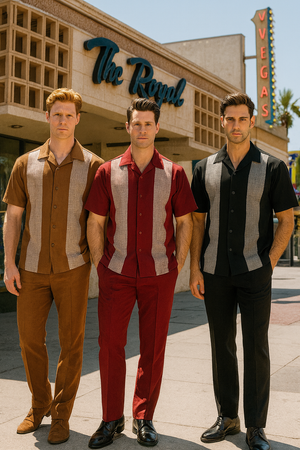 Mens Cognac Tan Two-Piece Outfit  Short Sleeve Button-Up Shirt and Pants Set