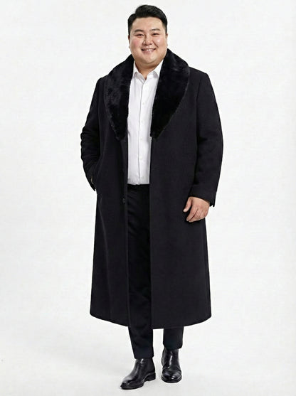Men’s Black Long Overcoat with Faux Fur Collar, Full Length Winter Topcoat for Formal and Business Wear